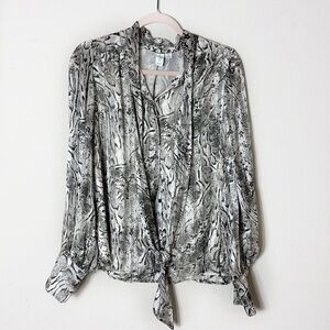 Joie Snake Animal Print Bow Tie Neck Button Up Blouse Sz Medium